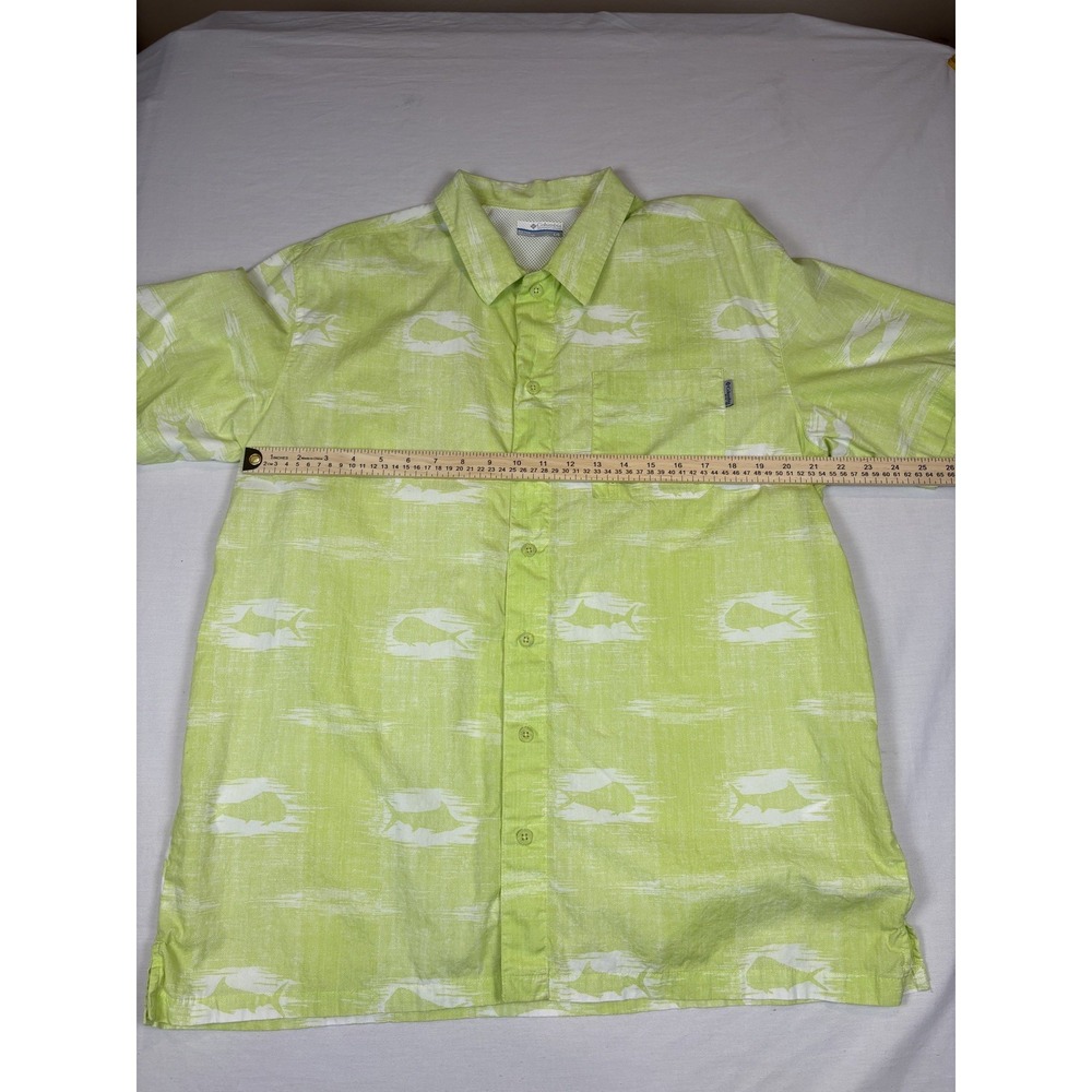 Columbia PFG Shirt Mens Large Lime Green w/Fish Button Up Vented Performance - Picture 6 of 7